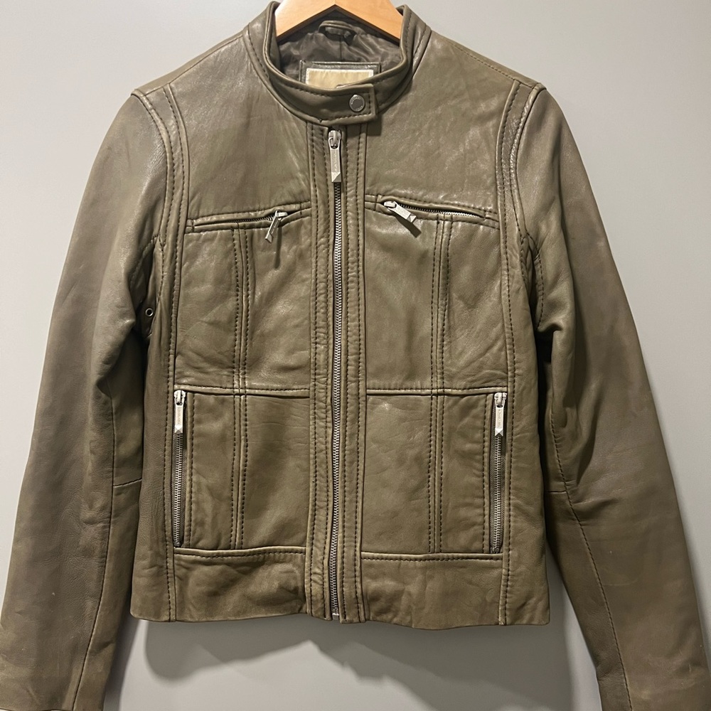 Michael Kors Leather Motorcycle Biker Jacket Olive Green